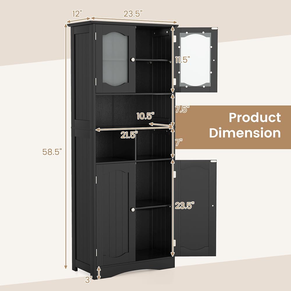 Tall Freestanding Linen Cabinet with Frosted Glass Doors