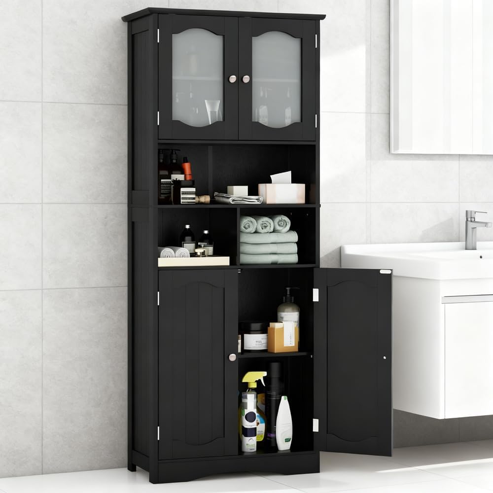 Tall Freestanding Linen Cabinet with Frosted Glass Doors