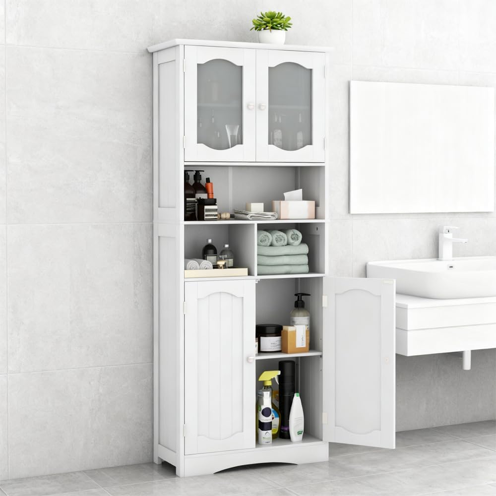 Tall Freestanding Linen Cabinet with Frosted Glass Doors