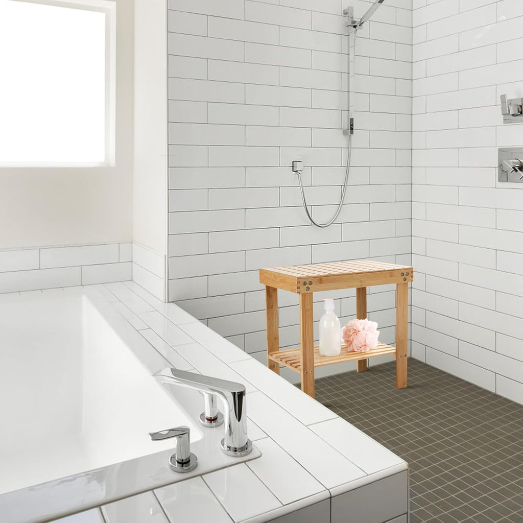 Bamboo Shower Bench with Storage Shelf