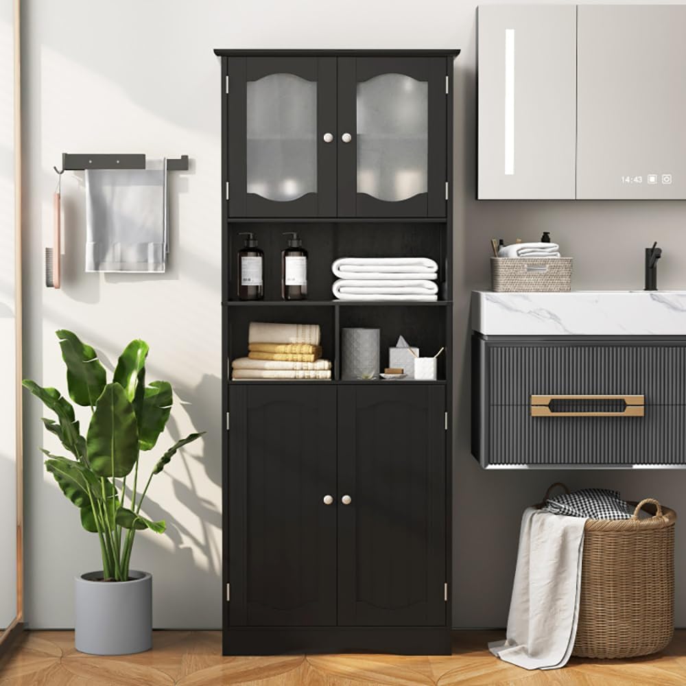 Tall Freestanding Linen Cabinet with Frosted Glass Doors