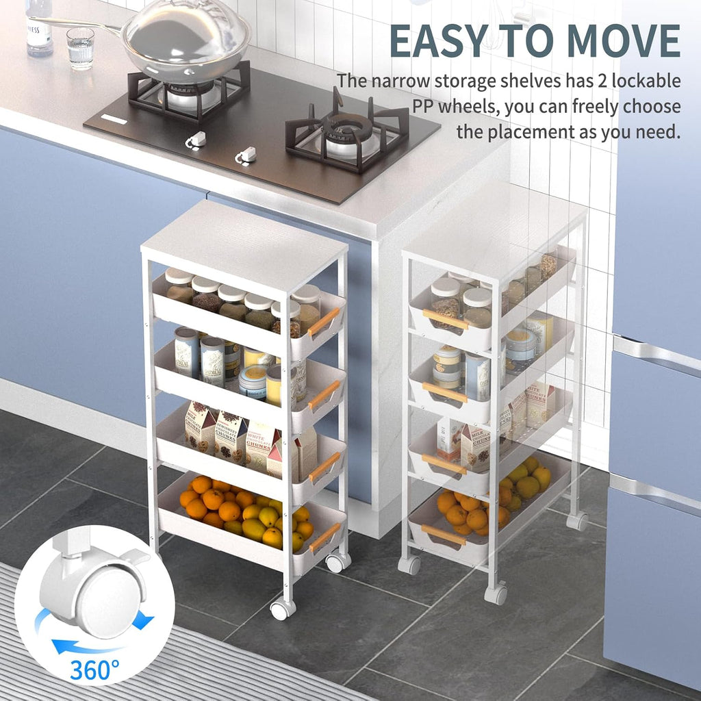 White 5‑Tier Slim Rolling Utility Cart with Drawers