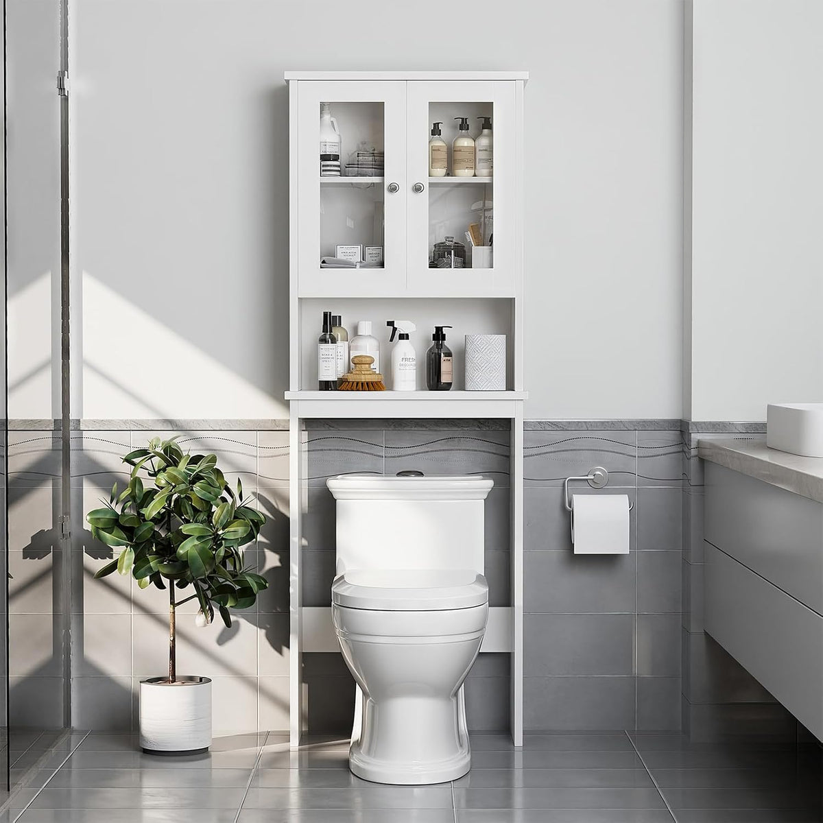 White Over‑The‑Toilet Tempered‑Glass Storage Cabinet
