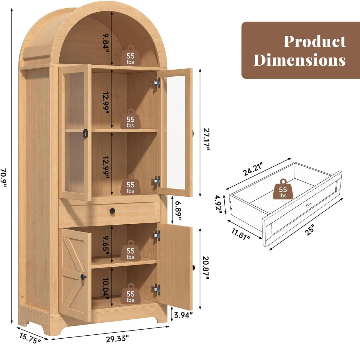 Natural 71" Tall Farmhouse Arched Glass‑Door Cabinet