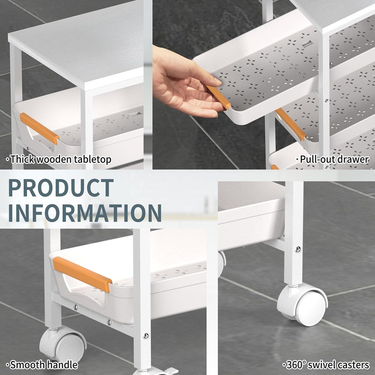 White 5‑Tier Slim Rolling Utility Cart with Drawers