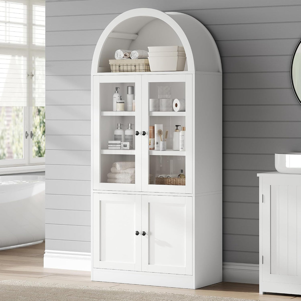 White 71" Arched‑Top Tall Storage Cabinet