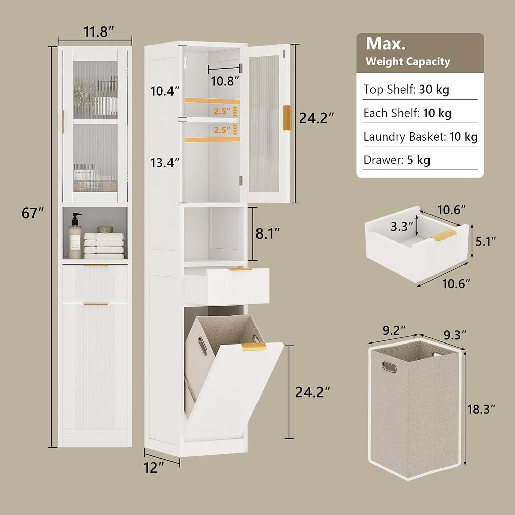 White Tall Freestanding Reeded‑Glass Cabinet