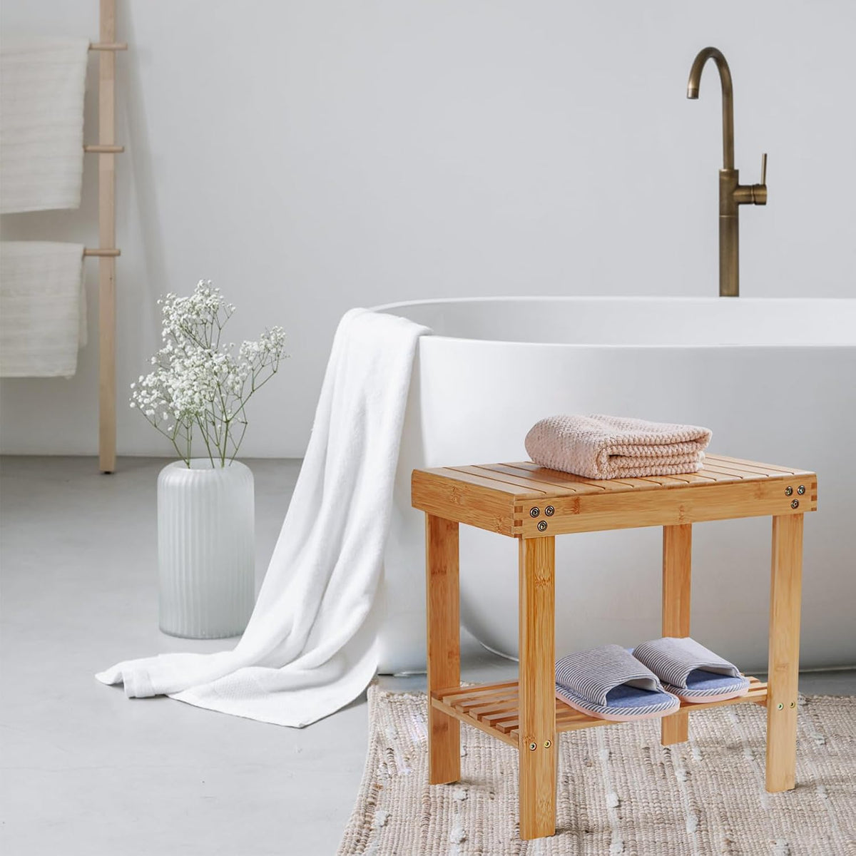 Bamboo Shower Bench with Storage Shelf