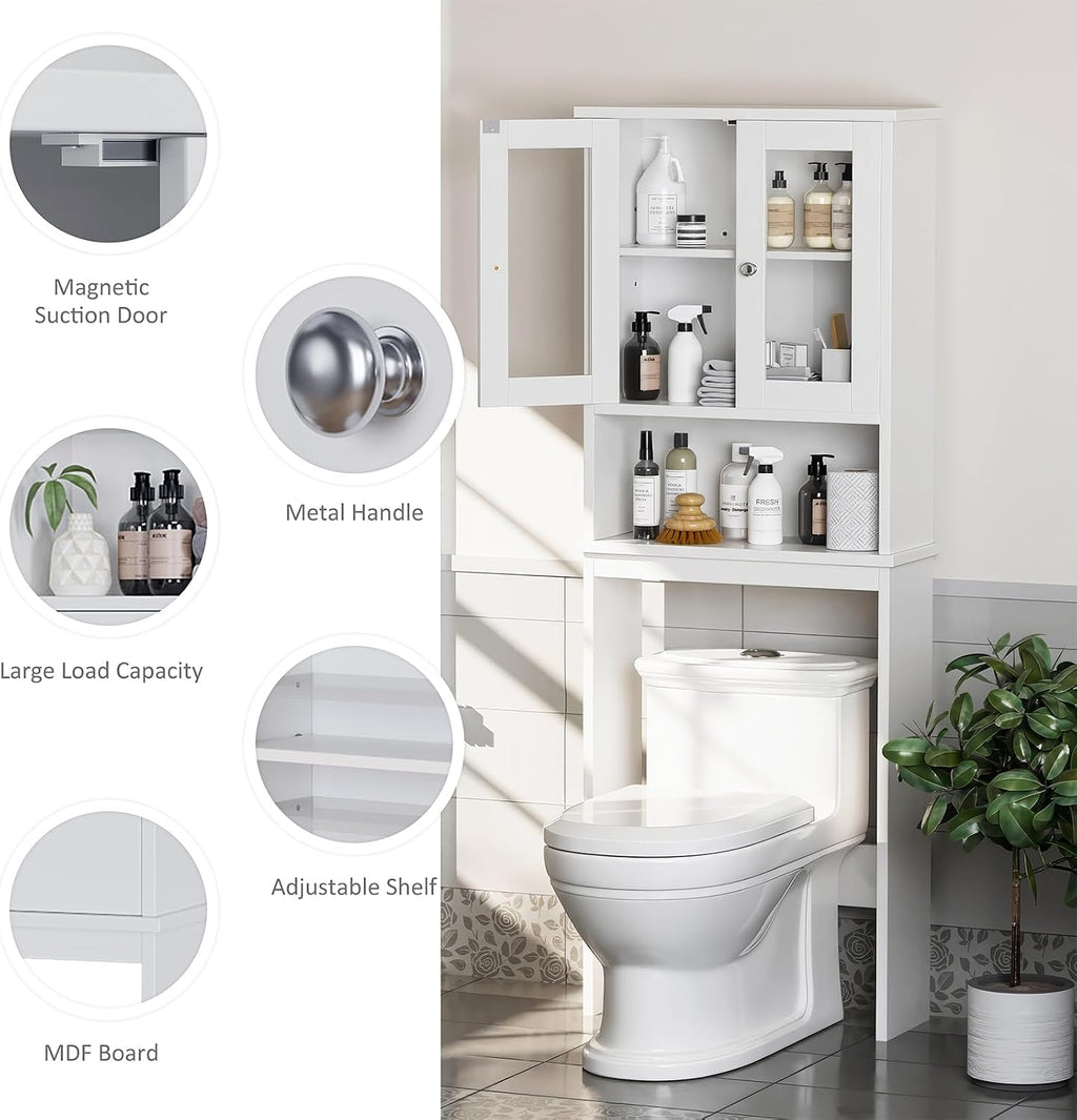 White Over‑The‑Toilet Tempered‑Glass Storage Cabinet