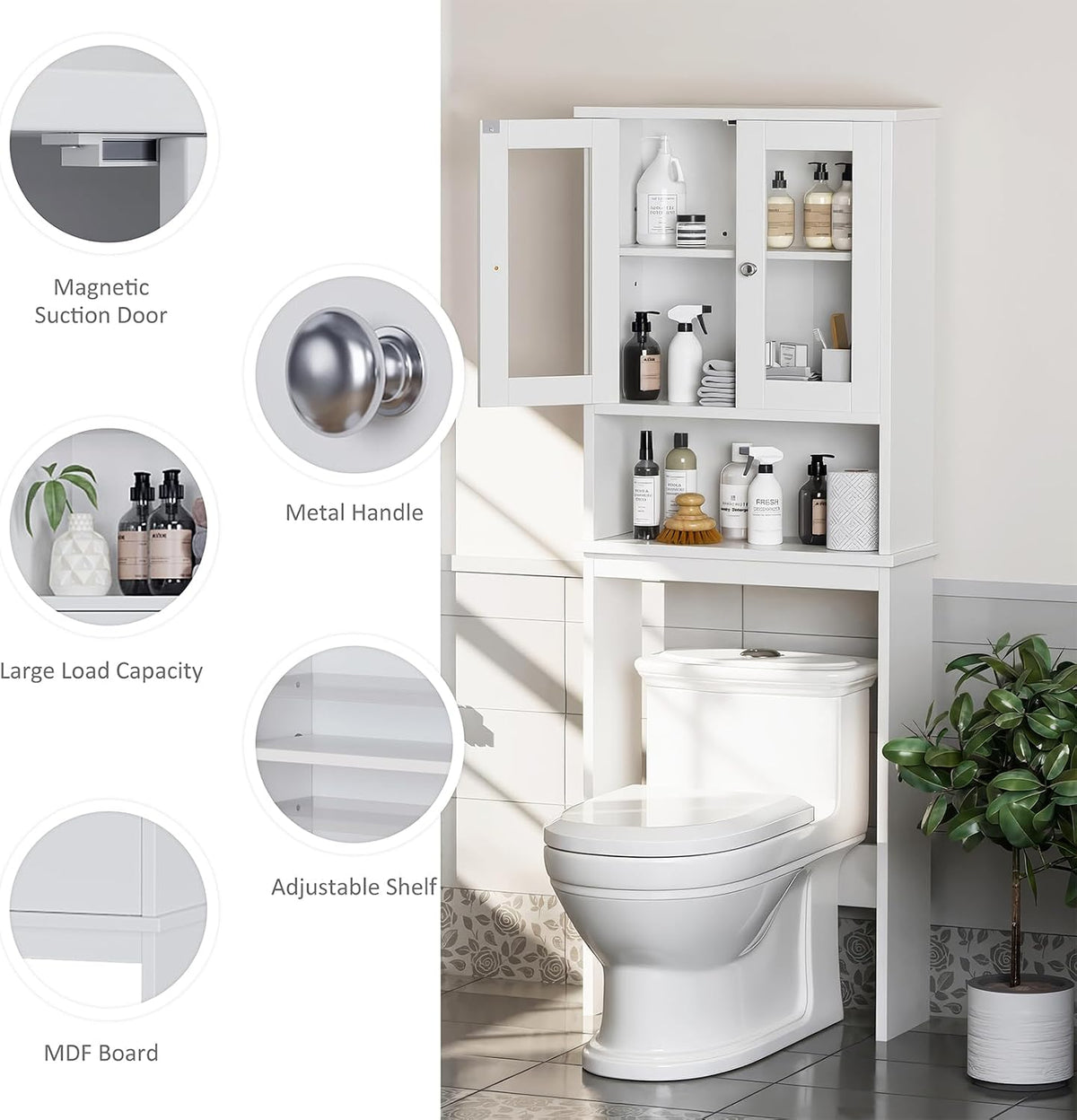 White Over‑The‑Toilet Tempered‑Glass Storage Cabinet