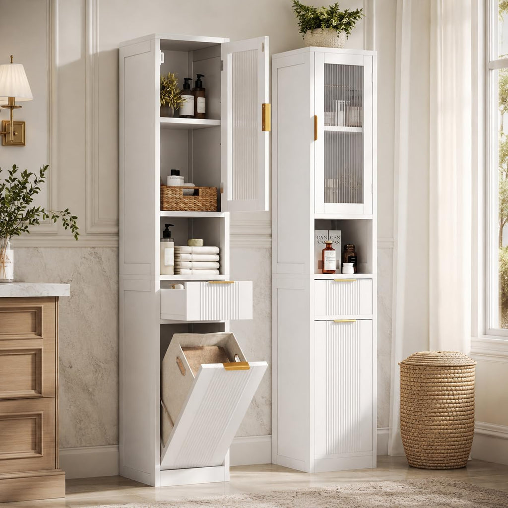 White Tall Freestanding Reeded‑Glass Cabinet