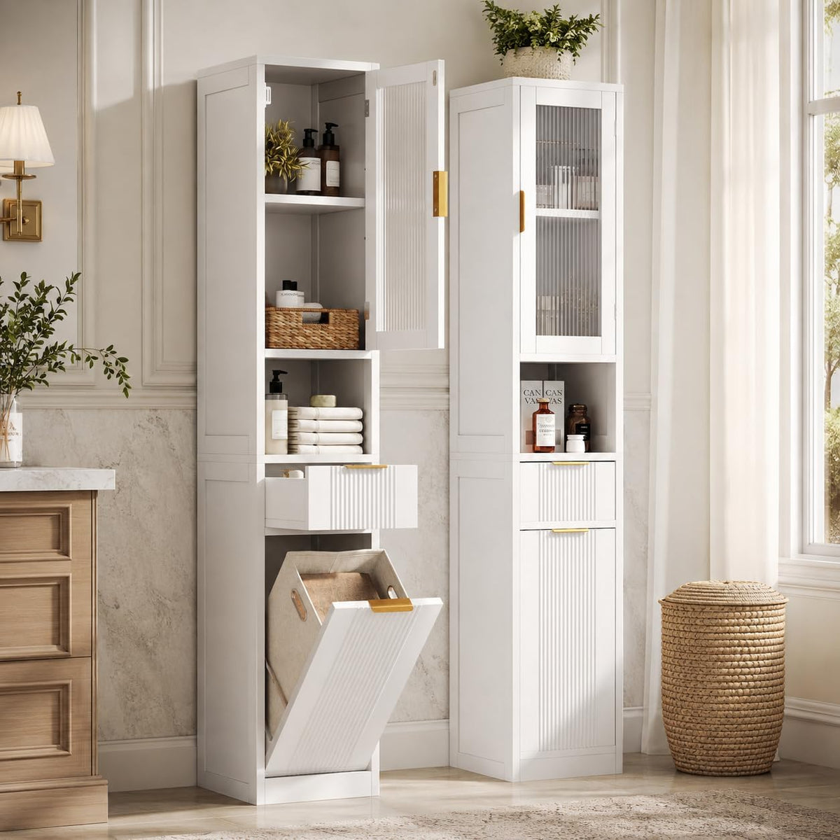 White Tall Freestanding Reeded‑Glass Cabinet