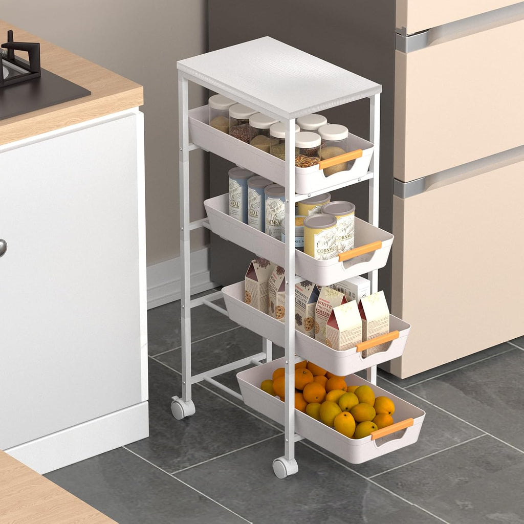 White 5‑Tier Slim Rolling Utility Cart with Drawers