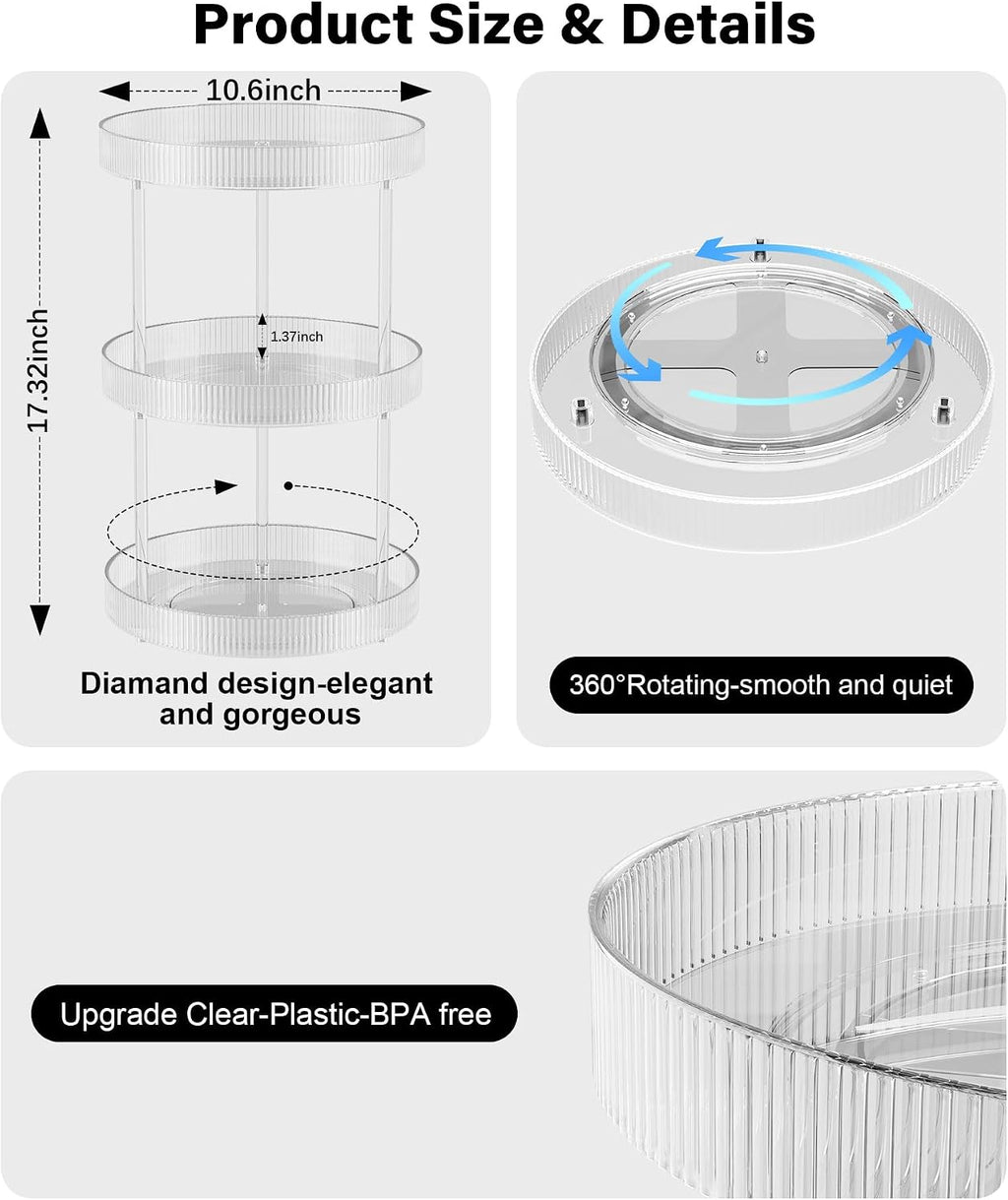 3‑Tier Clear Rotating Lazy‑Susan Countertop Organizer