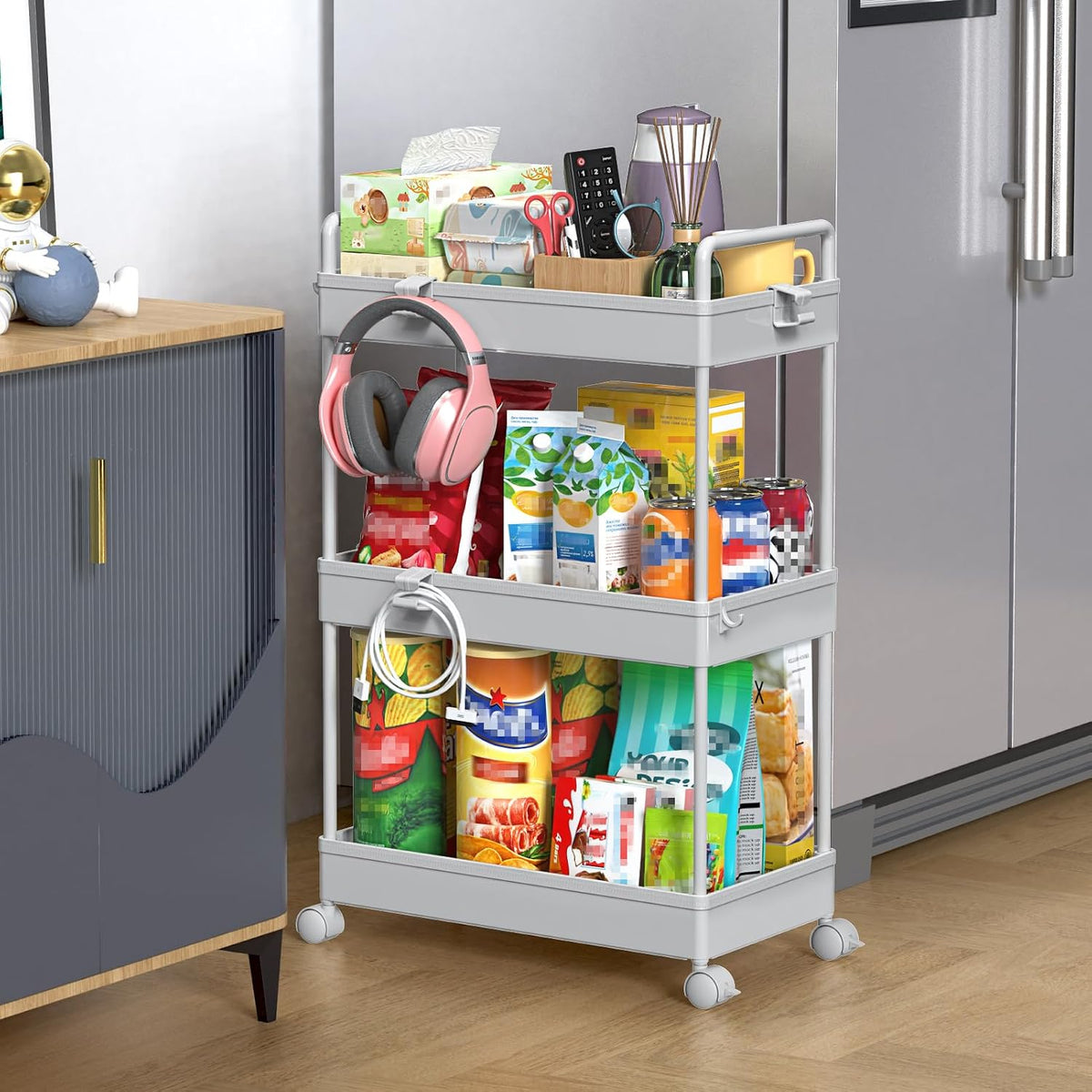 Gray 3‑Tier Slim Rolling Storage Cart