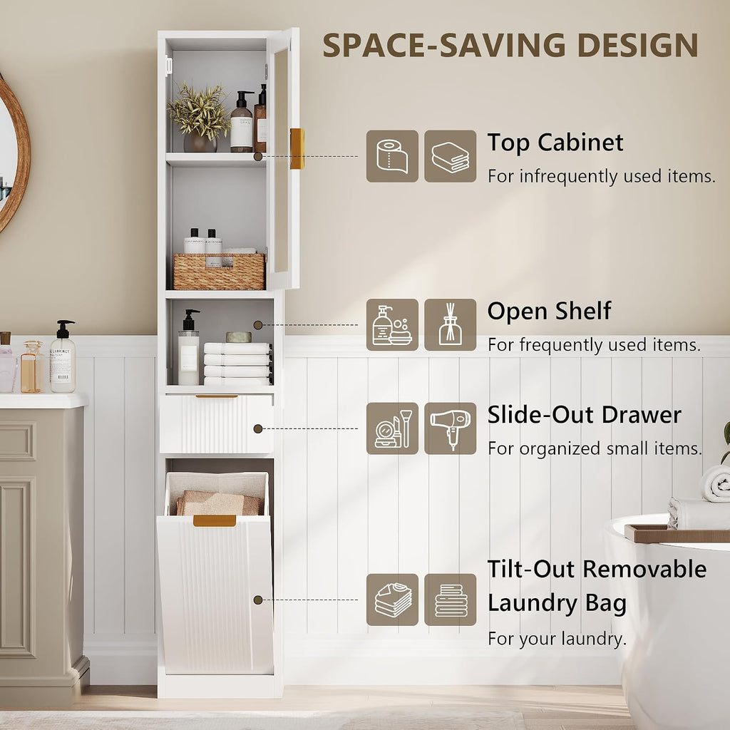 White Tall Freestanding Reeded‑Glass Cabinet