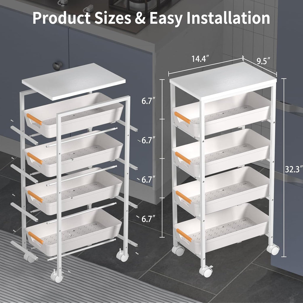 White 5‑Tier Slim Rolling Utility Cart with Drawers