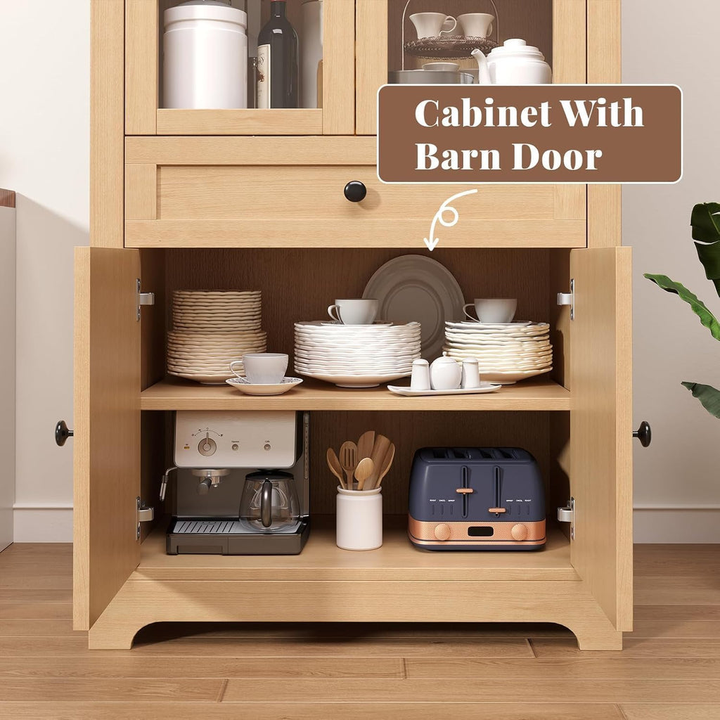 Natural 71" Tall Farmhouse Arched Glass‑Door Cabinet