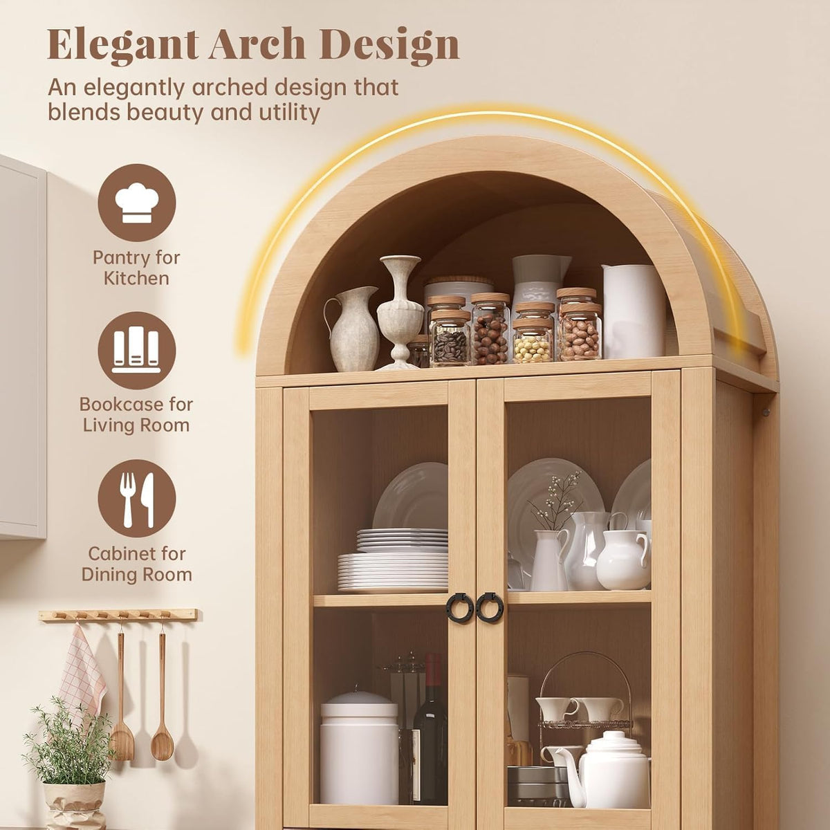 Natural 71" Tall Farmhouse Arched Glass‑Door Cabinet