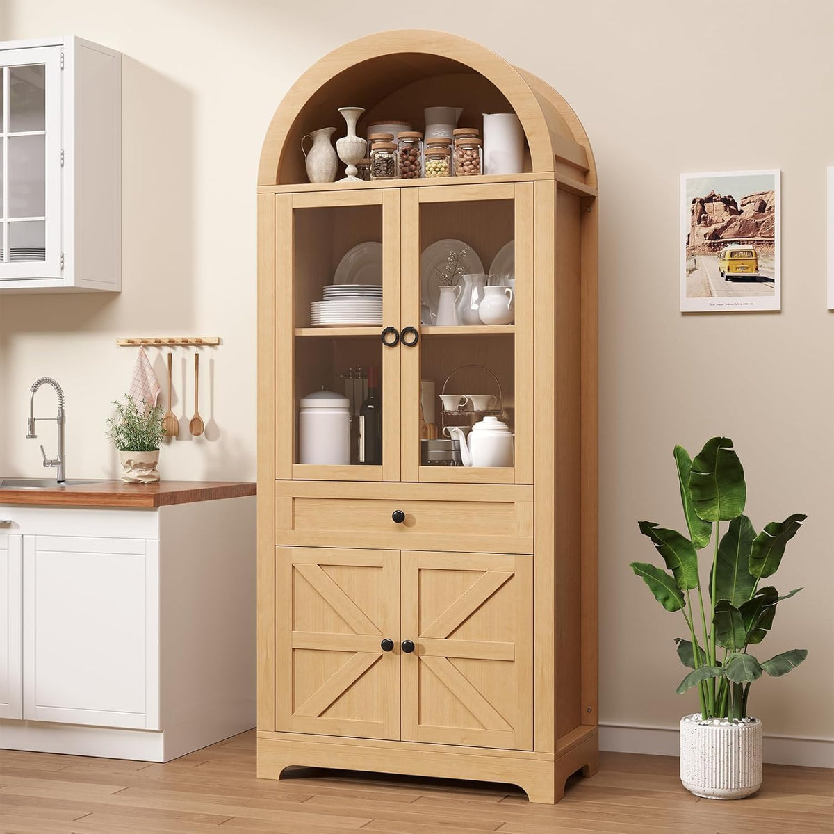 Natural 71" Tall Farmhouse Arched Glass‑Door Cabinet