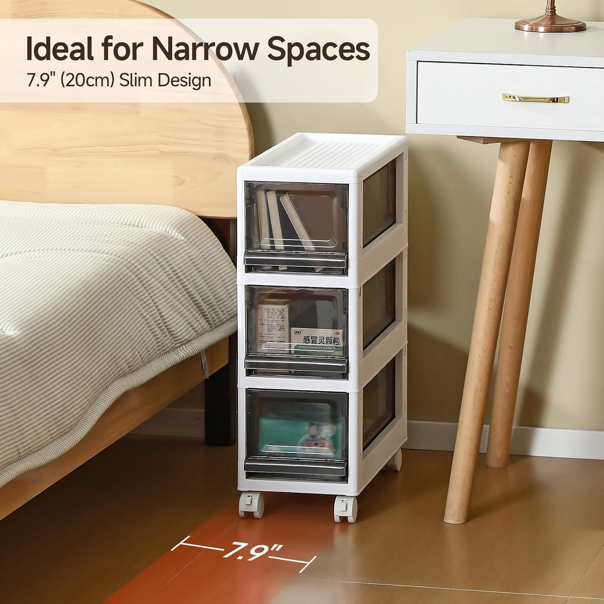 Gray 3‑Drawer Narrow Rolling Plastic Cart
