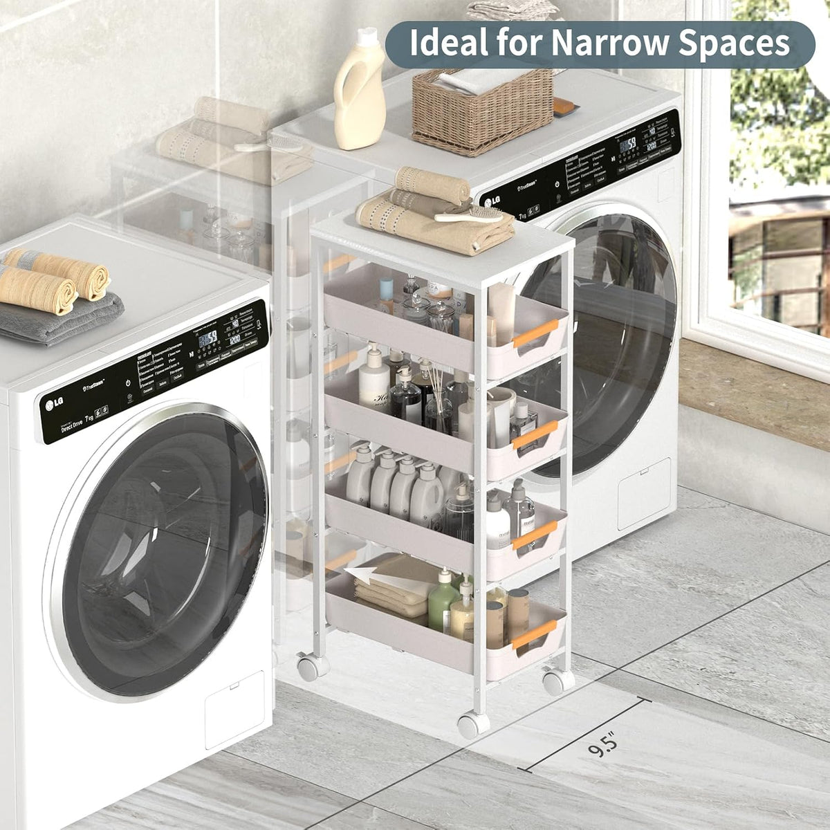 White 5‑Tier Slim Rolling Utility Cart with Drawers