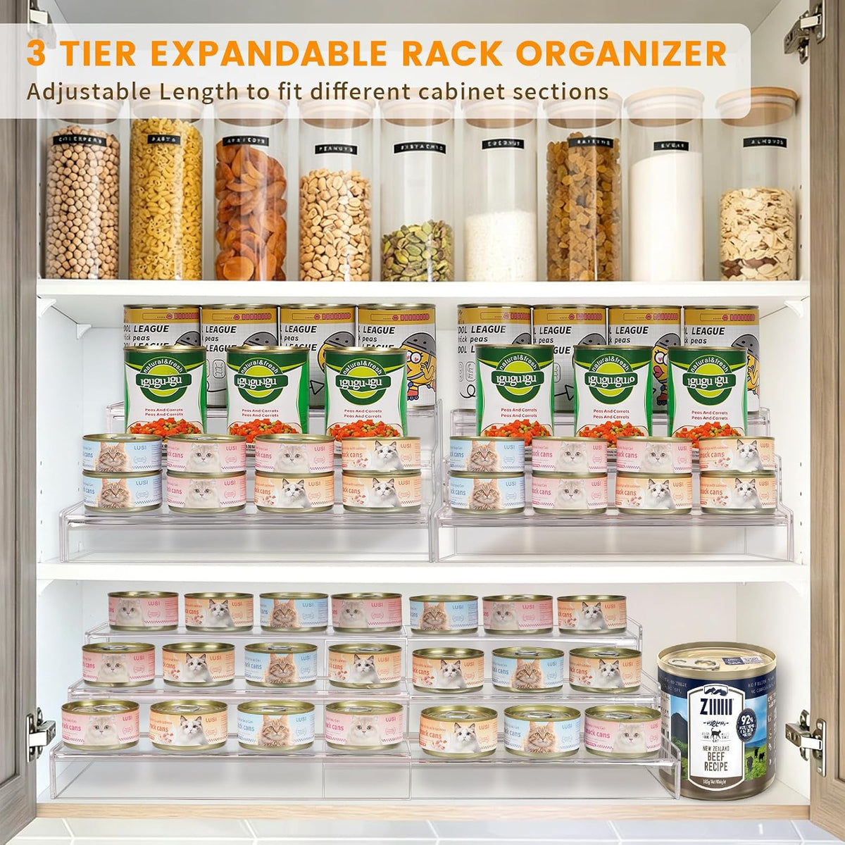 3‑Tier Expandable Acrylic Pantry Can Rack