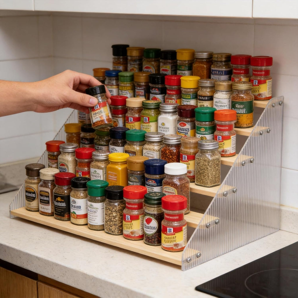 6‑Tier Wooden & Acrylic Countertop Spice Rack