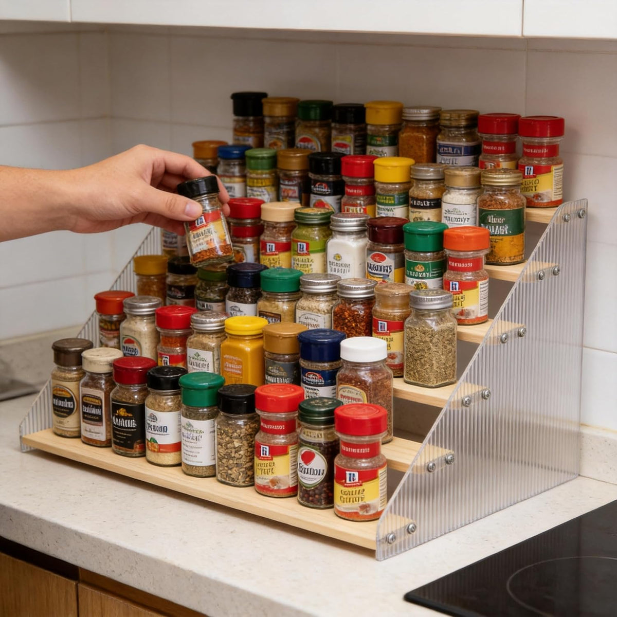 6‑Tier Wooden & Acrylic Countertop Spice Rack
