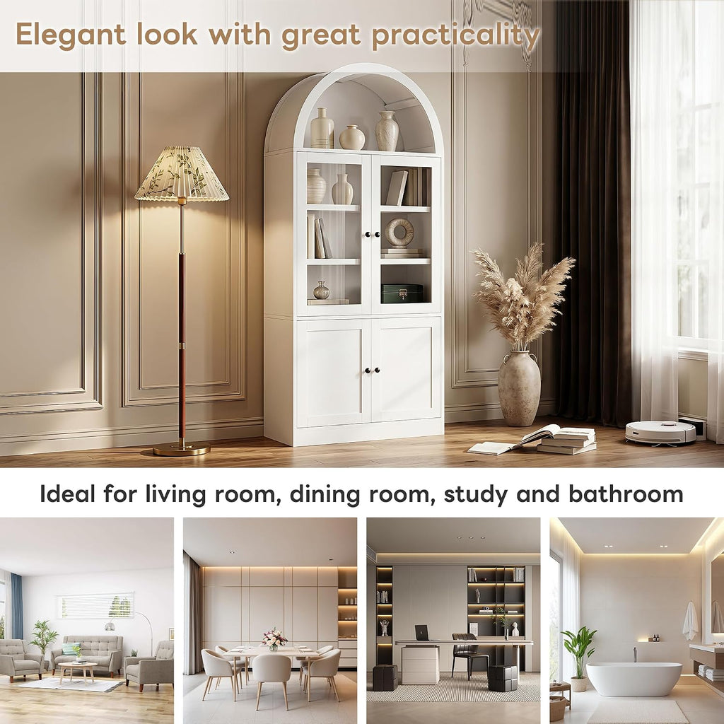 White 71" Arched‑Top Tall Storage Cabinet