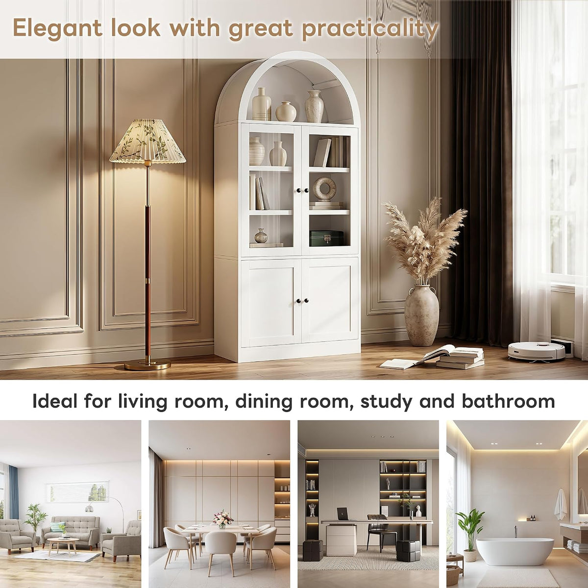 White 71" Arched‑Top Tall Storage Cabinet