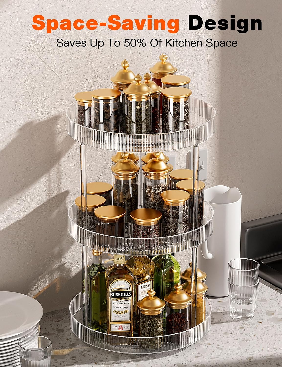 3‑Tier Clear Rotating Lazy‑Susan Countertop Organizer