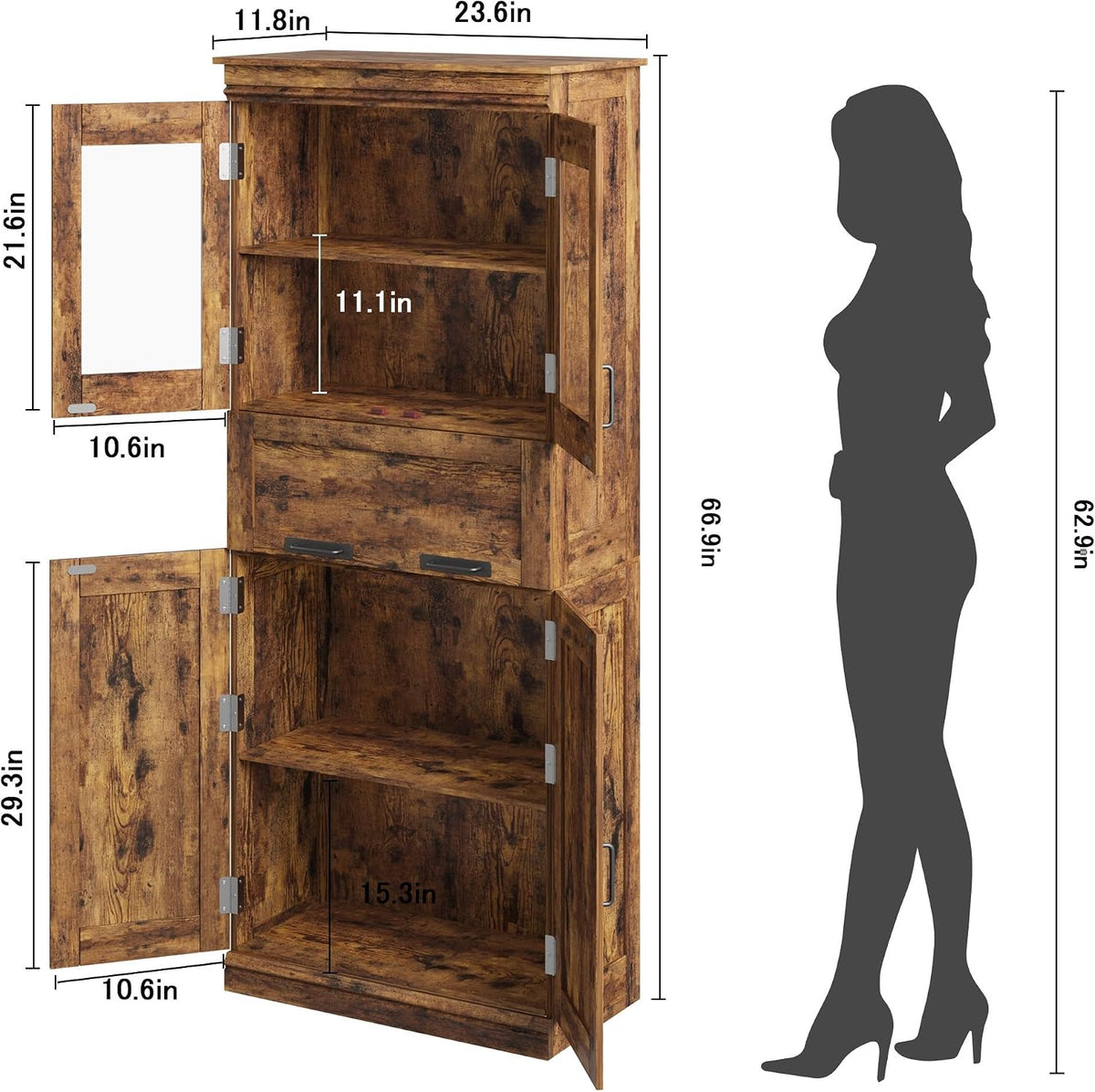 Rustic‑Brown Tall Freestanding Glass‑Door Cabinet