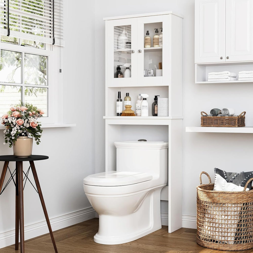 White Over‑The‑Toilet Tempered‑Glass Storage Cabinet