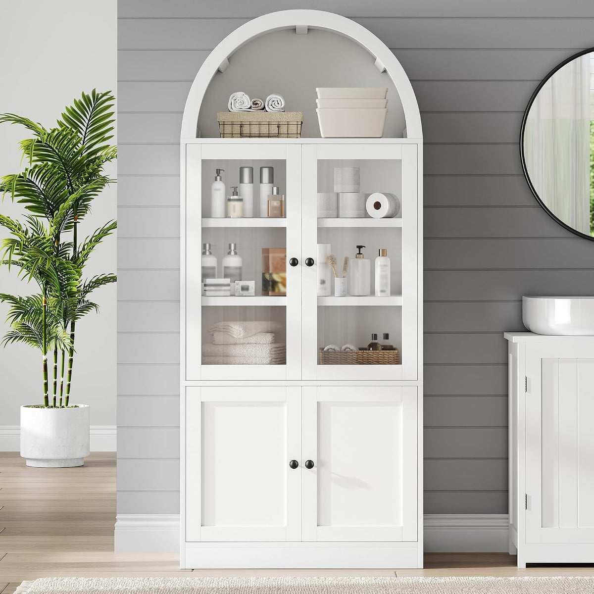 White 71" Arched‑Top Tall Storage Cabinet