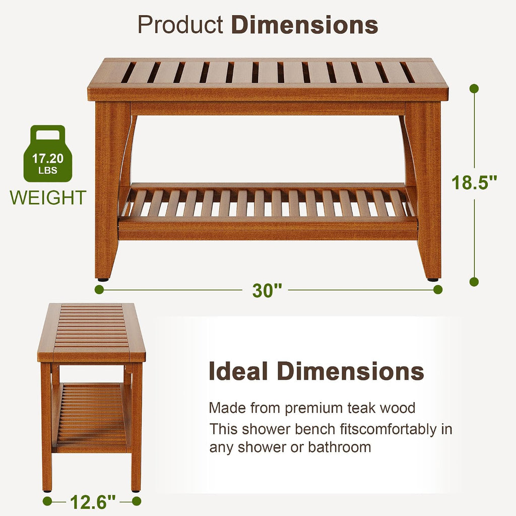 30" Solid Teak Shower Bench with Storage Shelf