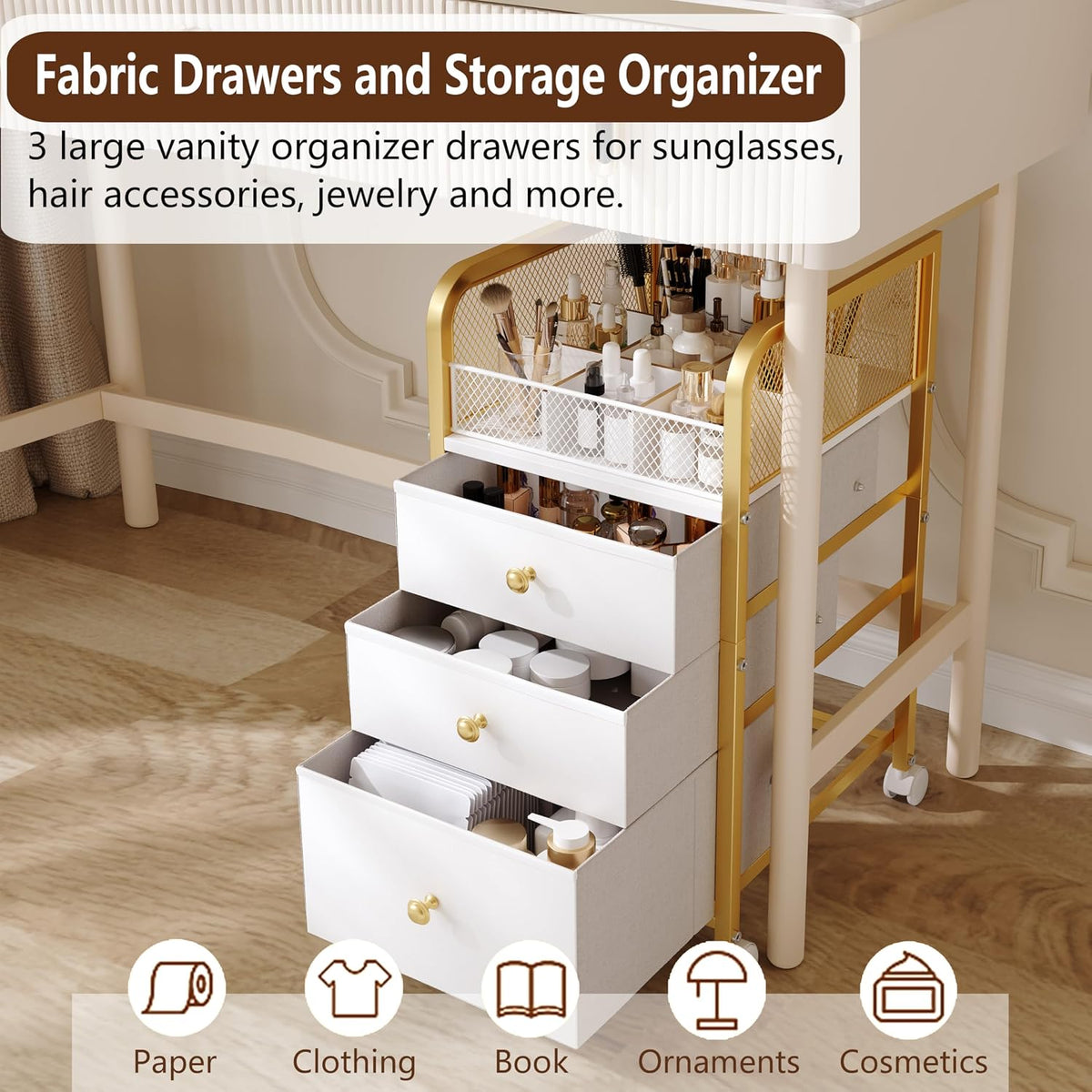 3‑Drawer Rolling Under‑Desk Makeup Storage Cart