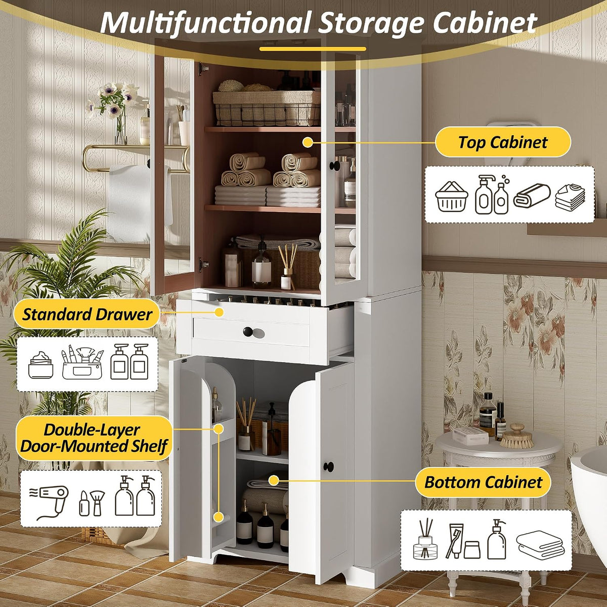 White Tall Freestanding Linen Cabinet