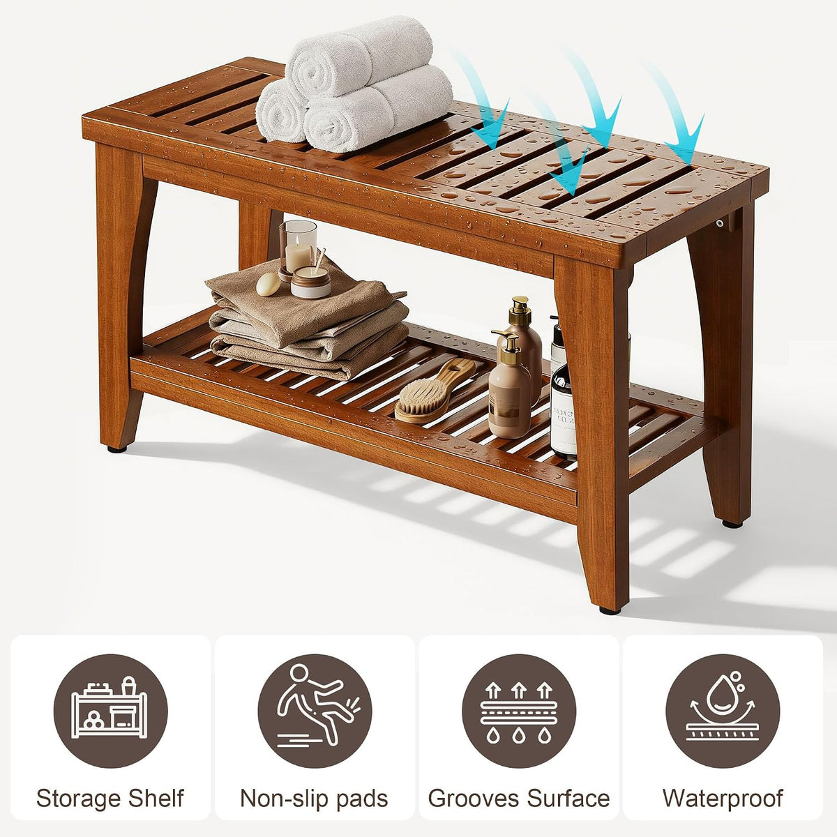 30" Solid Teak Shower Bench with Storage Shelf
