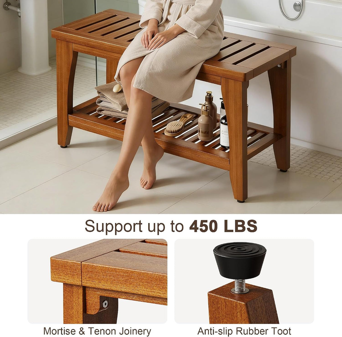 30" Solid Teak Shower Bench with Storage Shelf