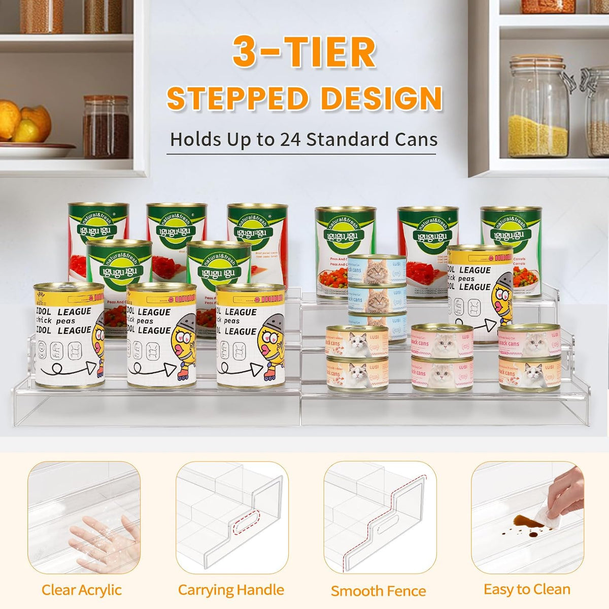 3‑Tier Expandable Acrylic Pantry Can Rack