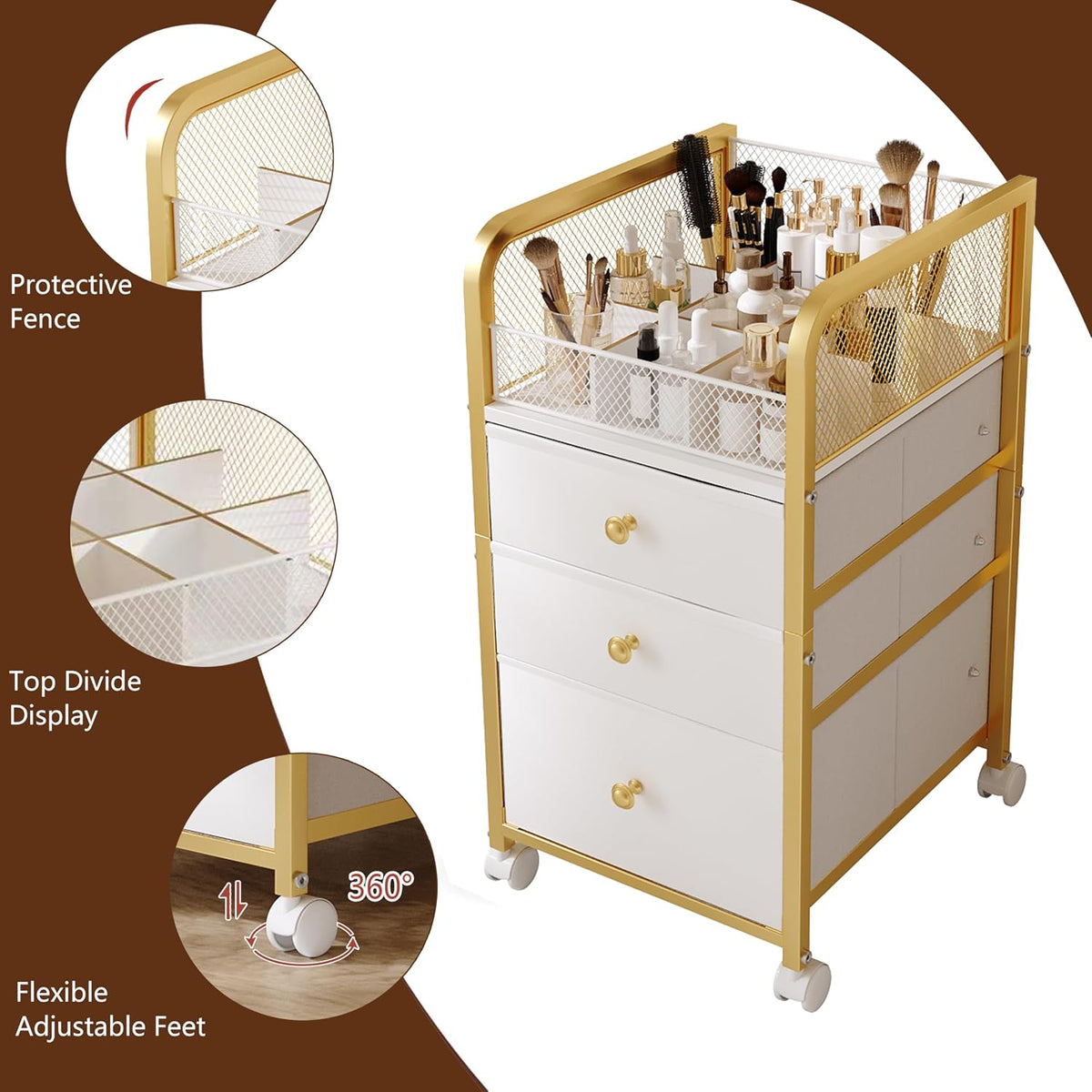 3‑Drawer Rolling Under‑Desk Makeup Storage Cart