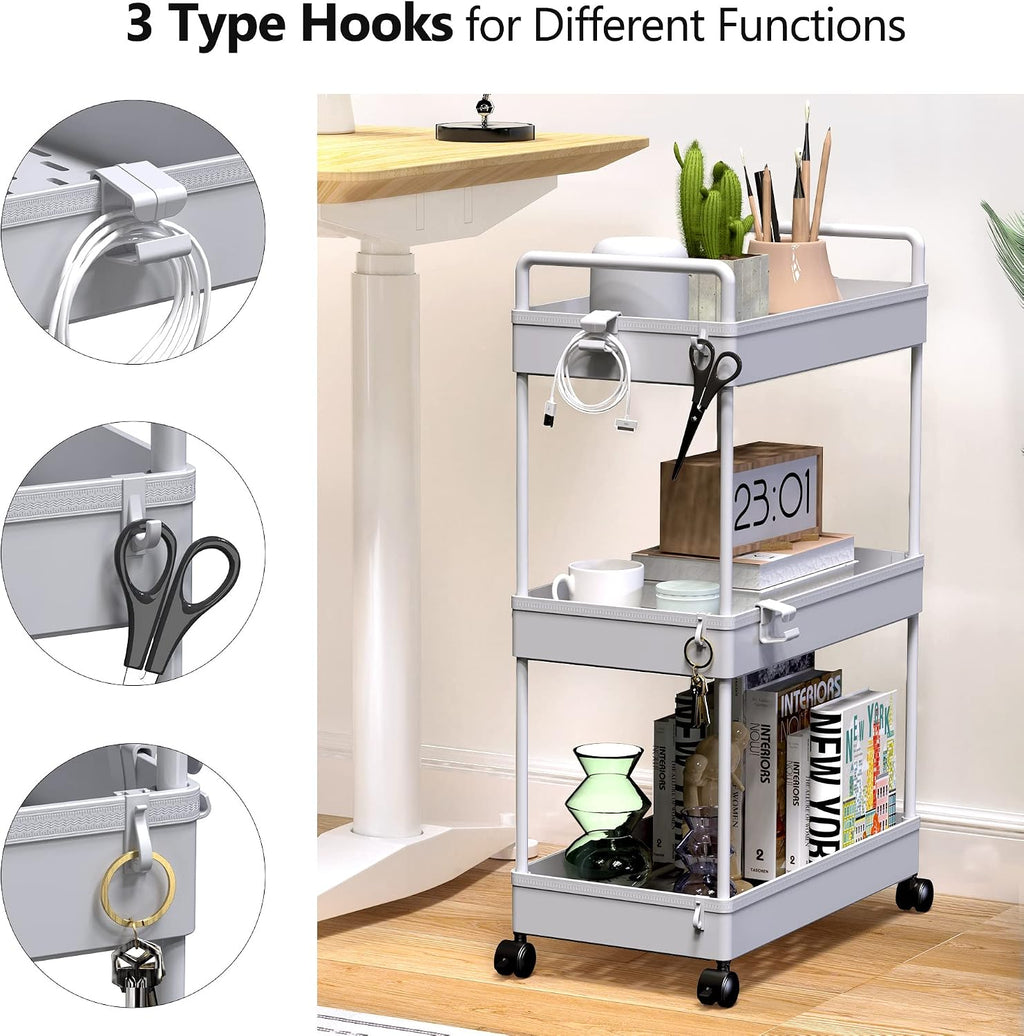 Gray 3‑Tier Slim Rolling Storage Cart