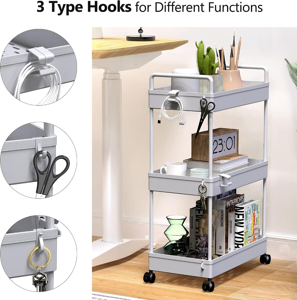 Gray 3‑Tier Slim Rolling Storage Cart