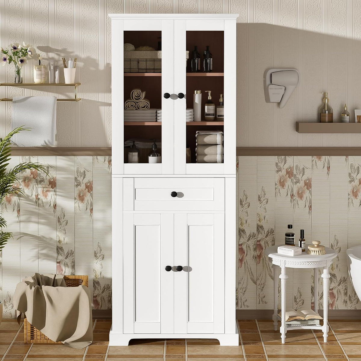 White Tall Freestanding Linen Cabinet