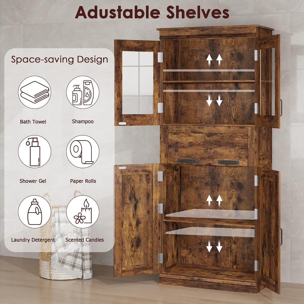 Rustic‑Brown Tall Freestanding Glass‑Door Cabinet