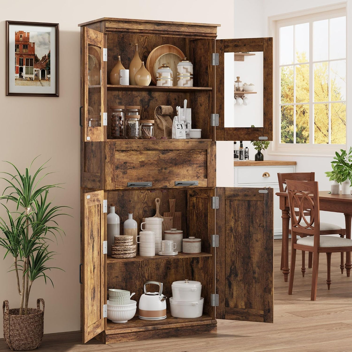 Rustic‑Brown Tall Freestanding Glass‑Door Cabinet