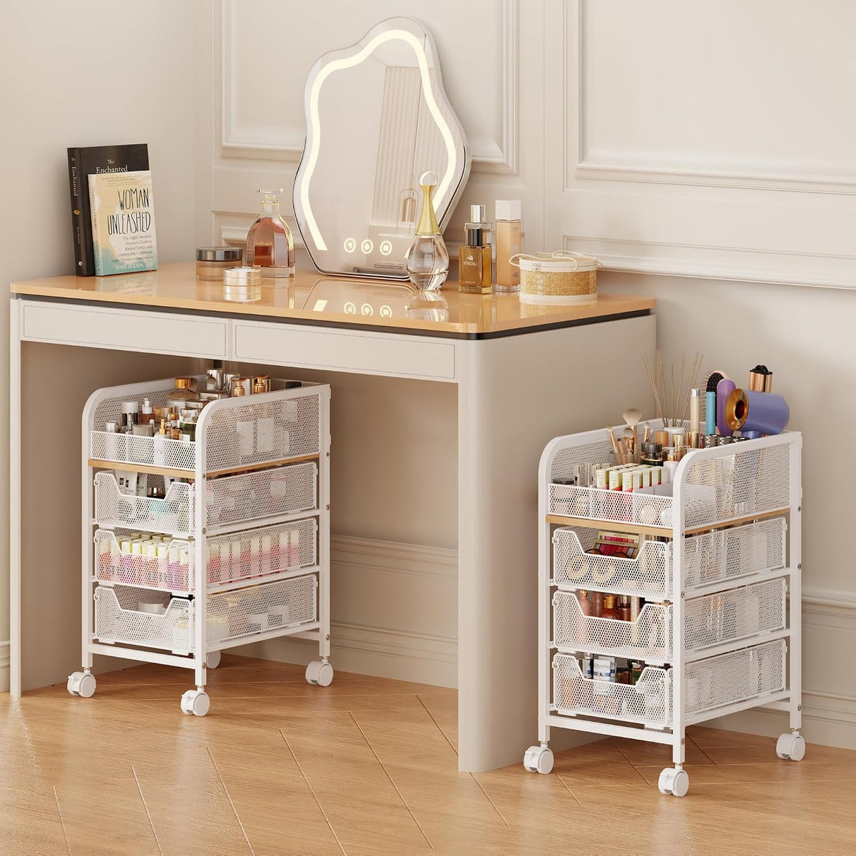 White 4‑Tier Narrow Rolling Makeup Storage Cart