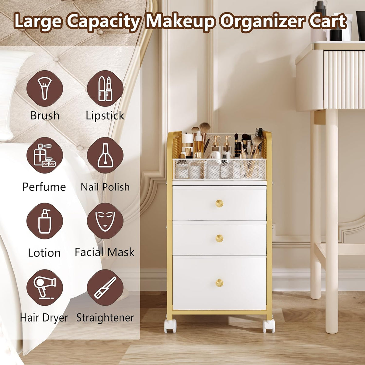 3‑Drawer Rolling Under‑Desk Makeup Storage Cart