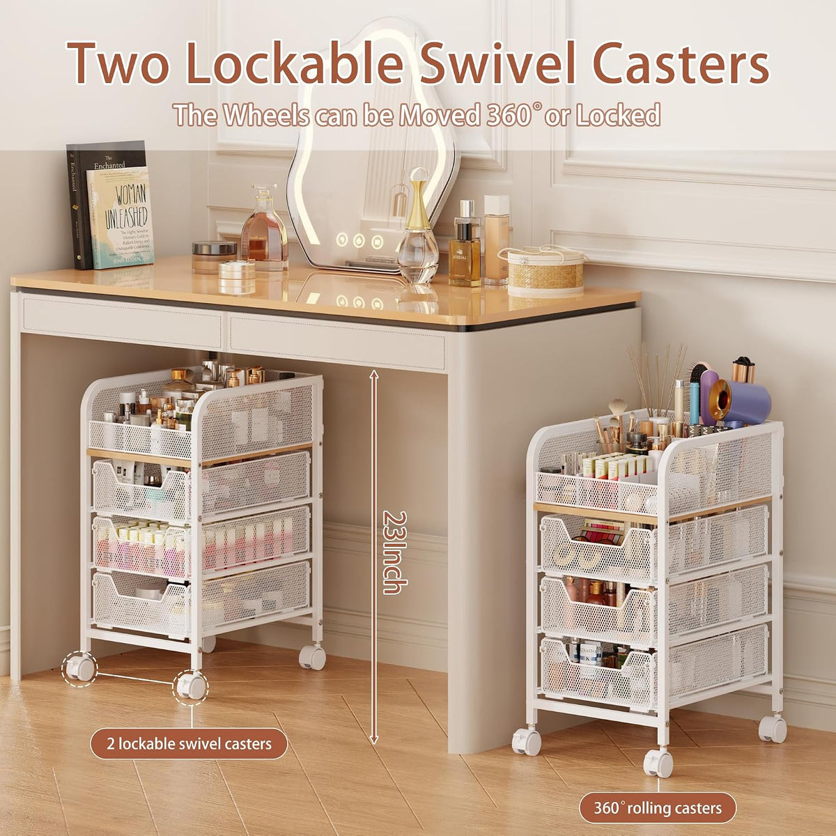 White 4‑Tier Narrow Rolling Makeup Storage Cart